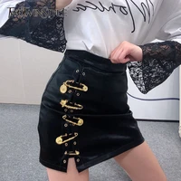 twotwinstyle patchwork pins asymmetrical womens skirts high waist pu leather casual mini skirt for female 2020 fashion clothing