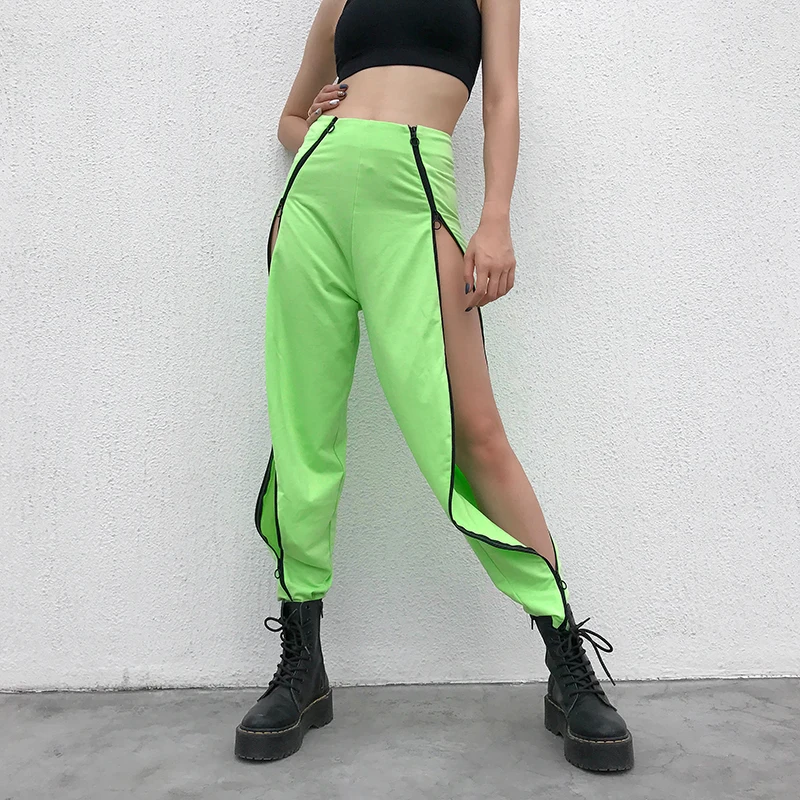 Популярные флуоресцентные зеленые брюки в стиле хип хоп женские шаровары с