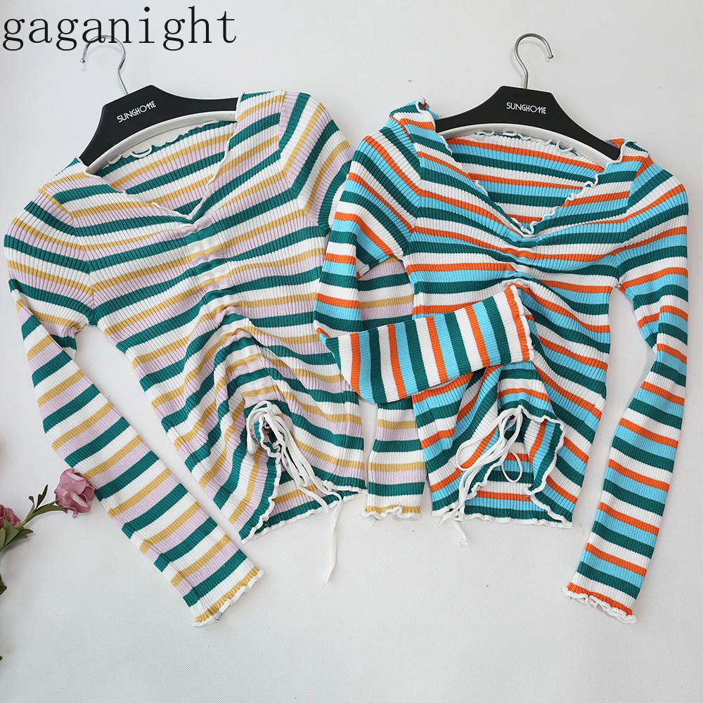 Gaganight полосатый Женский Модный пуловер Весна Осень шнурок тонкий с длинными