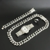 luxury men silver color watch necklace braclete ring earrings combo set ice out cuban crystal miami hip hop for men
