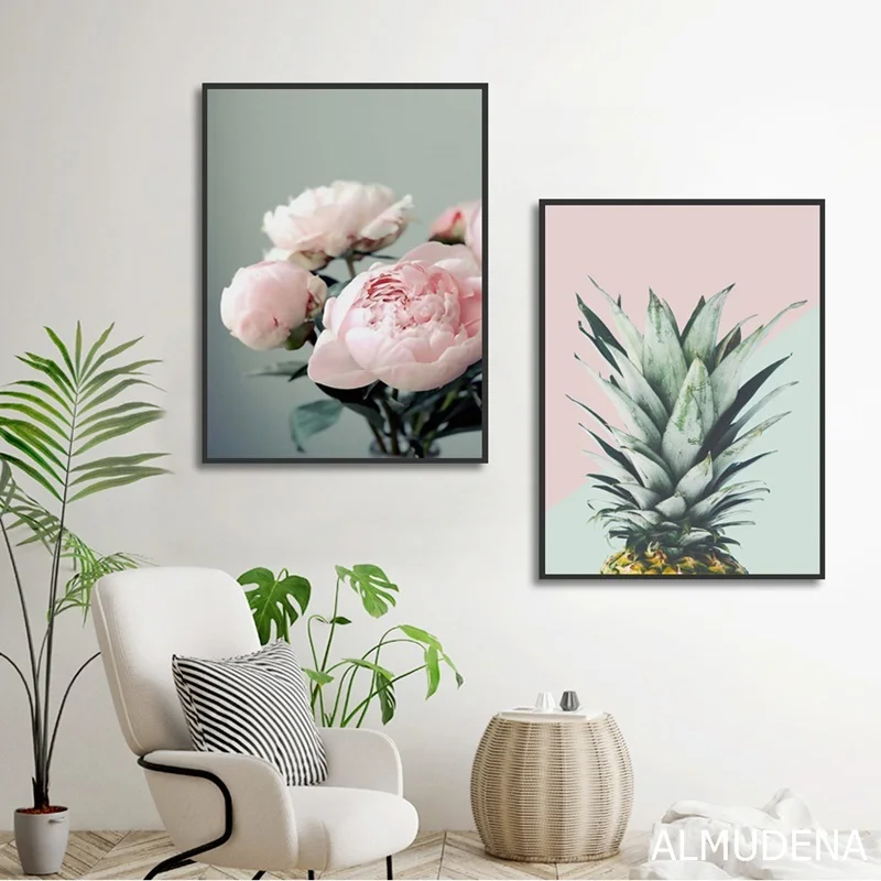 Скандинавский постер розовый цветок зеленый синий лист искусство настенные