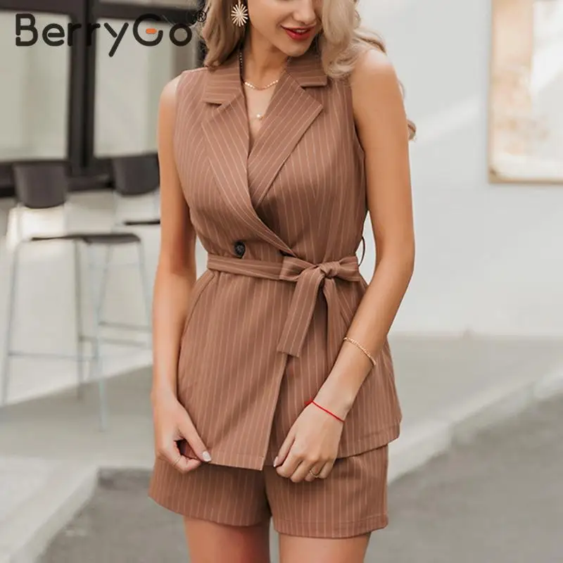 BerryGo Sleeveless two piece set women blazer vest Striped sash belt female suit outfit 2020 Spring summer shorts two-piece | Женская