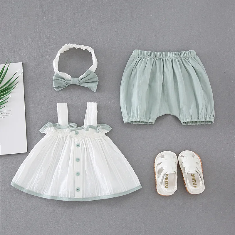 

2021 Summer Baby Girl Clothes Set Cotton Mini Dress + Solid Bread Pant + Headband 3 Pcs Suits Infant Girls 0-24M Clothing Outfit