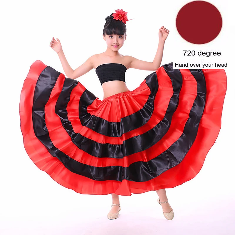 Color4 720degree Высококачественная сатиновая Мягкая красная черная юбка для девочек-подростков, испанское фламенко, полосатая шикарная одежда для бальных танцев, сценическое платье - Цвет: Color4 720degree