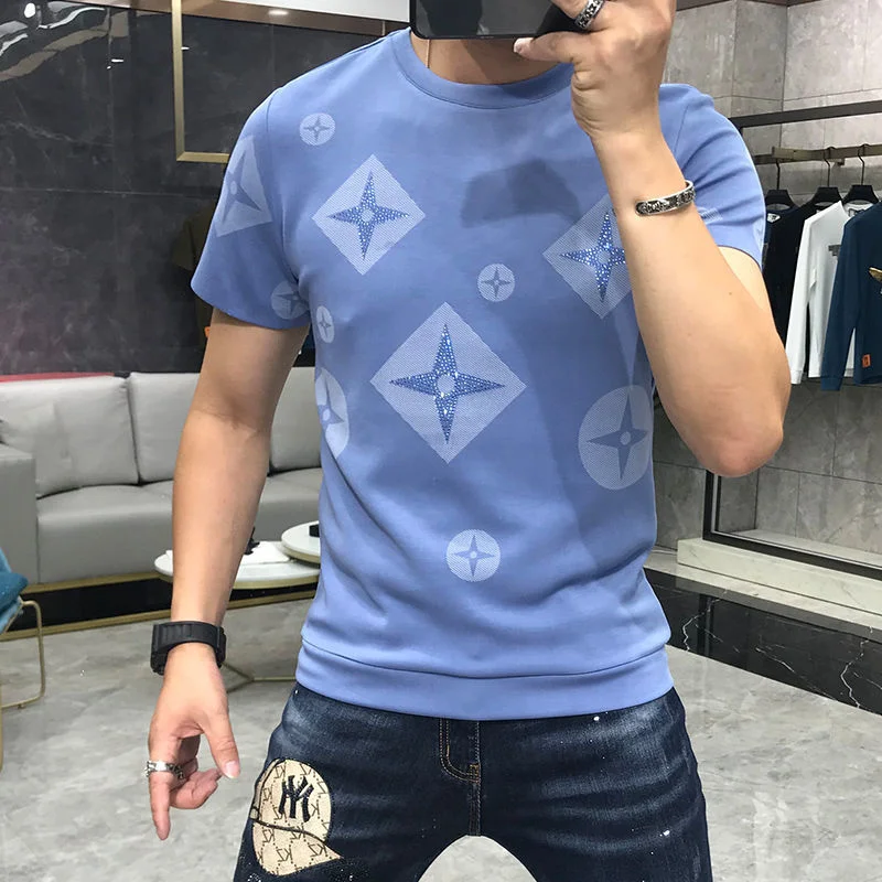 

2021 Men's High-End Brand Rhinestone New Personalized Trend Knitted Sleeve Round T-Shirt Top In Spring Summer