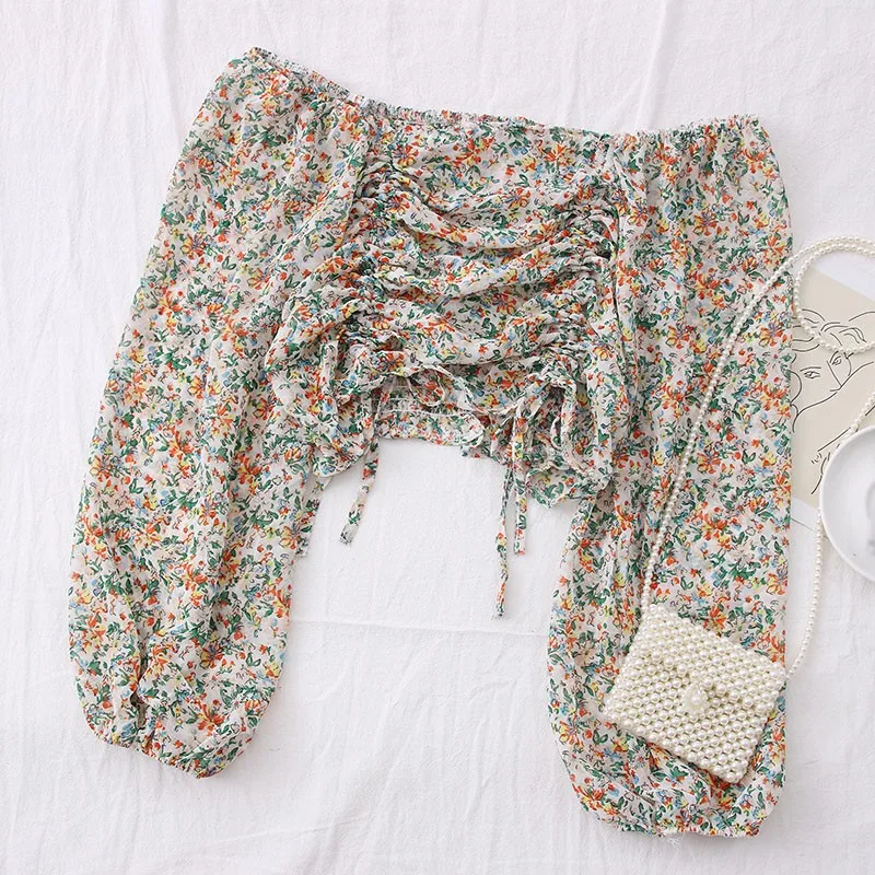 

Chiffon Shirt Folds Drawstring Women Blouses Floral Sexy Small Fresh Long-Sleeved Shirt Top One Size Vetements Femmes