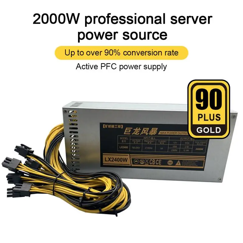 

ETH Mining Machine Power Supply 180-240V ATX Input 10x6Pin Miner 90% Efficiency Device For BTC Bitcoin Mining Server 2000W