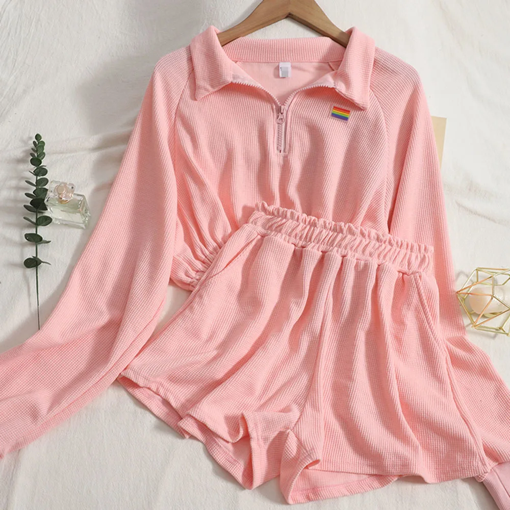

Tracksuits 2 Pieces Sets Women 2021 New Loose Lace Up Elastic Waist Shorts Long Sleeve Coat Button Up Shirt Sweatshorts Suits