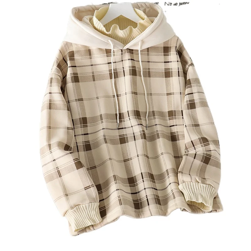 

2021 Women Fleece Hoodies Sweatshirt DA Autumn Plaid Pirnted Cotton Hooded Casual Loose Korean Pullover Oversize Jacket Elegant