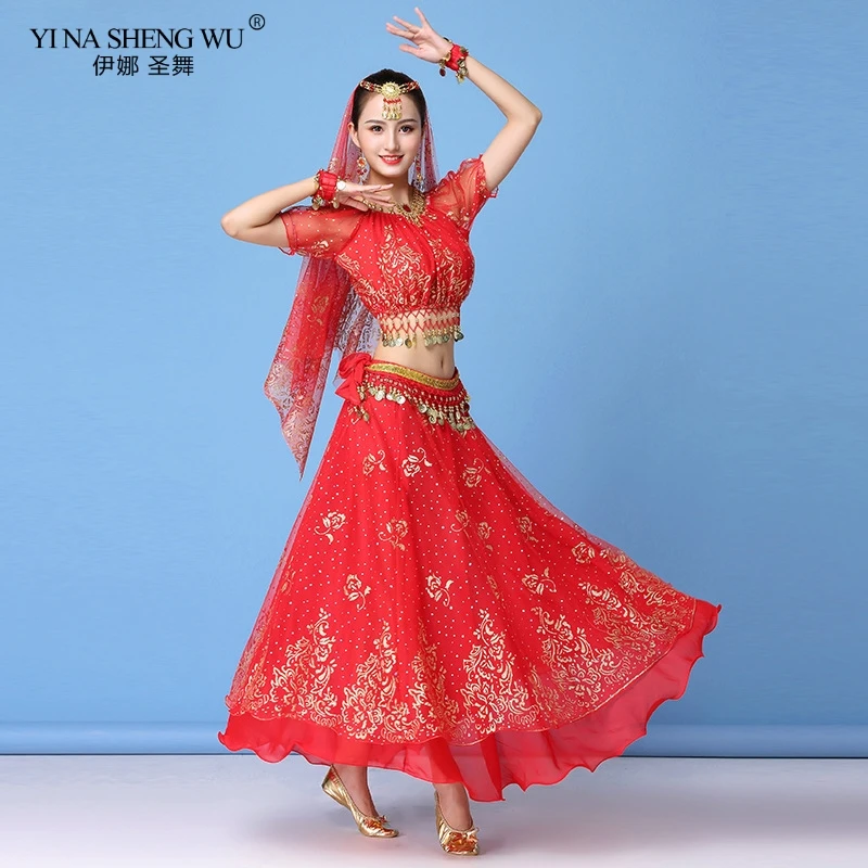 Bollywood Belly Dance Costume Set Indian Dance Sari Bellydance Skirt Suit Women Chiffon 3/5/7pcs (Headpiece Veil Top Belt Skirt)