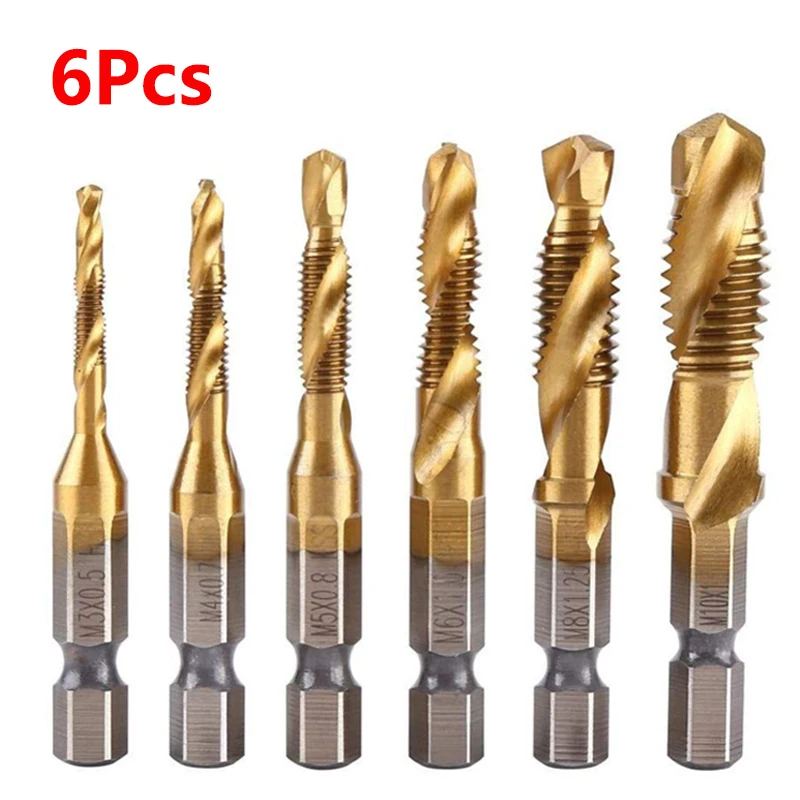 

6Pcs Hex Shank Titanium Plated HSS Screw Thread Metric Tap Drill Bits Screw Machine Compound tap M3 M4 M5 M6 M8 M10 Hand Tools