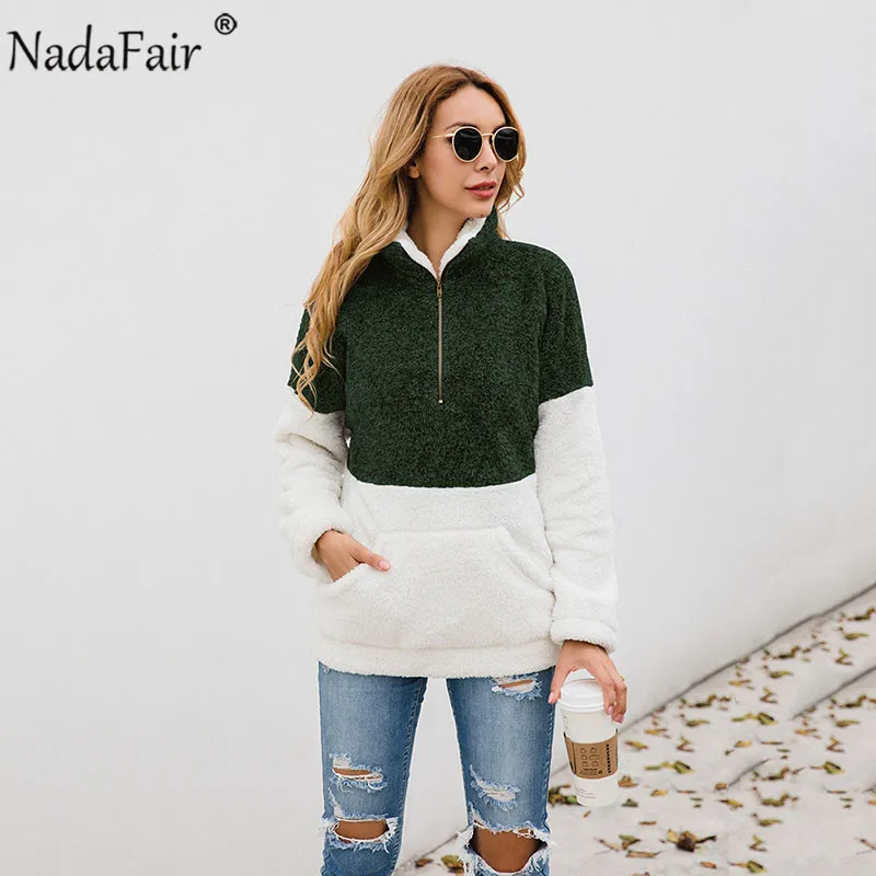 Nadafair, искусственный мех, повседневные, более размера d, толстовки, Женская толстовка, осень, пэчворк, карманы, молния, размера плюс, флис, Зимний пуловер - Цвет: Армейский зеленый