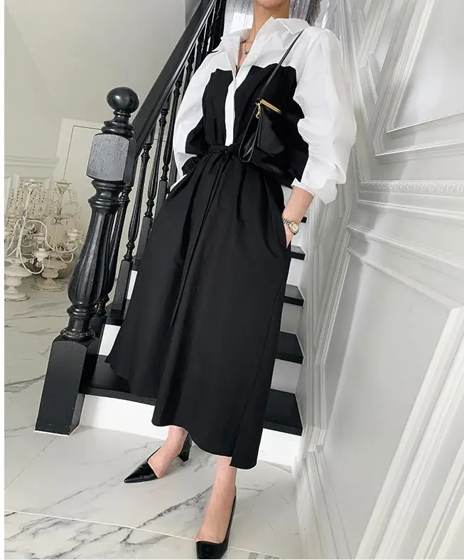 

2021 Women Spring Summer Black White Patchwork Shirts Dress Long Sleeve A-line Lace-up Dresses Vestidos