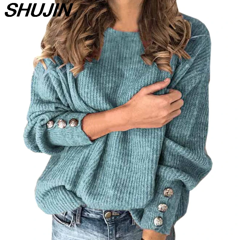Женские осень зима вязаные свитера с О образным вырезом длинным рукавом
