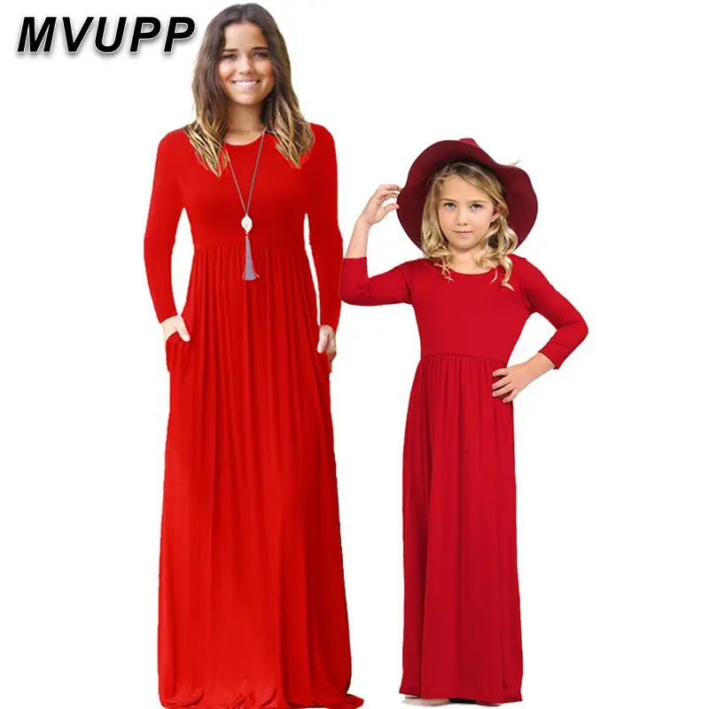 MVUPP/платья для мамы и дочки; Одинаковая одежда для семьи; одежда для мамы и меня; зимнее платье с длинными рукавами для мамы и дочки