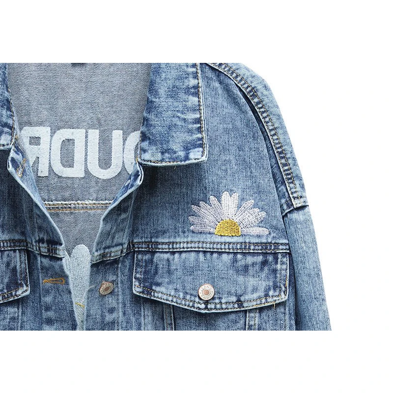 

Spring Autumn Vintage Denim Jacket Women Turn-down Collar Single Breasted Embroidery Letter Floar Streetwear Coat Female