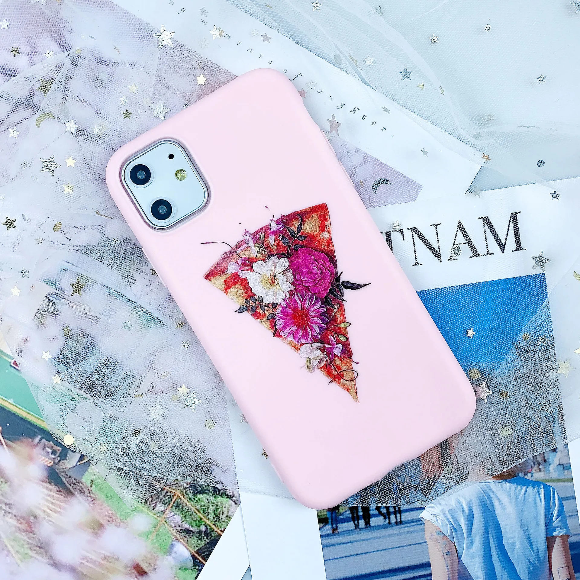 Розовый чехол для iPhone с изображением пиццы подходит Apple X /Xs/11/11Max/11Pro мягкий из ТПУ