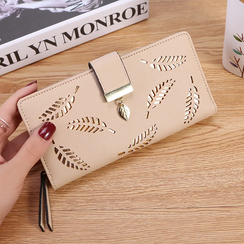 

Korean Women Wallet PU Leather Purse Female Long Wallet Hollow Leaves Pouch Handbag Coin Purse Card Holders Clutch