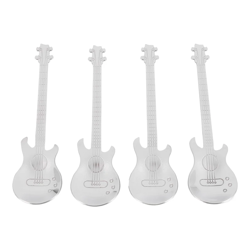 

Гитары кофейные ложки, 4 шт. Нержавеющая сталь музыкальный кофейные ложечки чайные ложки для смешивания ложка для сахара (серебро)