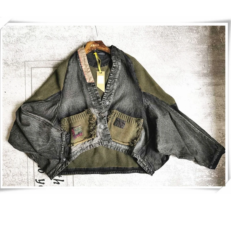 

Vintage Retro Batwing Sleeves Female Outwear Shawl Styes Coat 3-button Denim Knitted Patchwork Cape Short Jacket Khaki Amy Green
