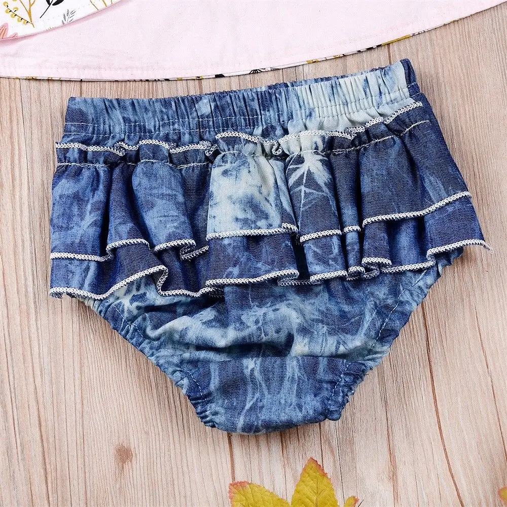 Топ без рукавов с цветочным принтом и джинсовые шаровары оборками комплект из 3