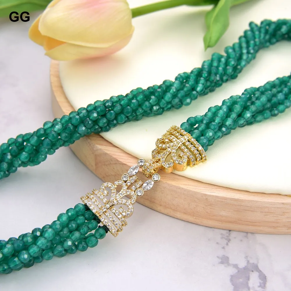 

GG Jewelry 18'' 7 Strandss Green Agate Gems Stone Necklace Cz Clasp