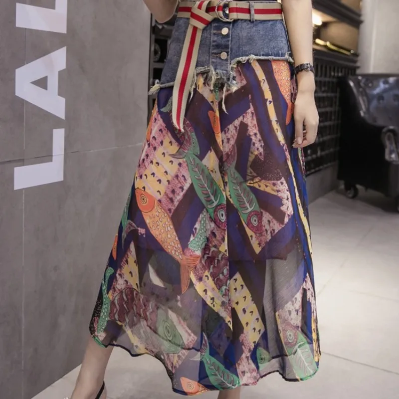 Женская джинсовая юбка с цветочным принтом длинная трапециевидная высокой