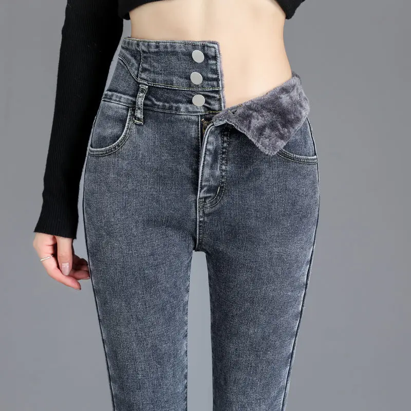 

Женские зимние джинсы-карандаш, утепленные бархатные джинсы, обтягивающие флисовые Теплые черные Стрейчевые джинсы с высокой талией и пуго...