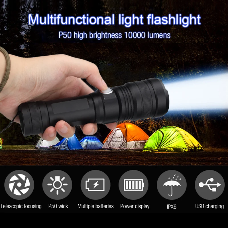 Buy LED Flashlight 5 Mode P50 Torch Light Lamp AAA/18650/26650 Adjustable Zoom Focus Waterproof on