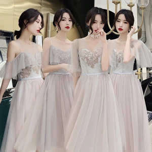 Bridesmaids Dress A-Line V-Neck Ankle-Length Lace Tulle Spaghetti Straps Short Embroidery Sequined Women Wedding Party Gown E304 Bridesmaids Dress A-Line V-Neck Ankle-Length Lace Tulle Spaghetti Straps Short Embroidery Sequined Women Wedding Party Gown E304