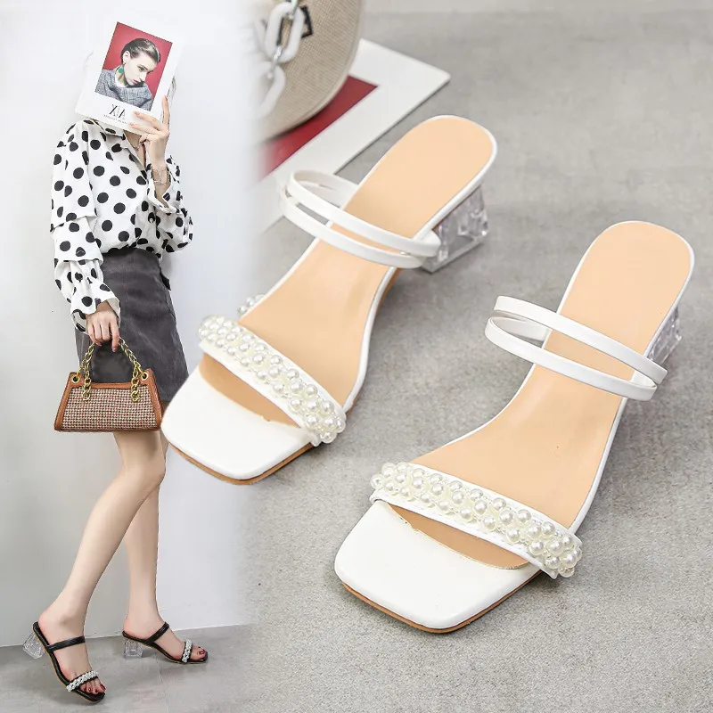 TGHDOF 2022 Women's Slippers Low Heel T-strap Women's Open Toe Black Beige Red Pearl Buckle Decoration Summer Women's Shoes