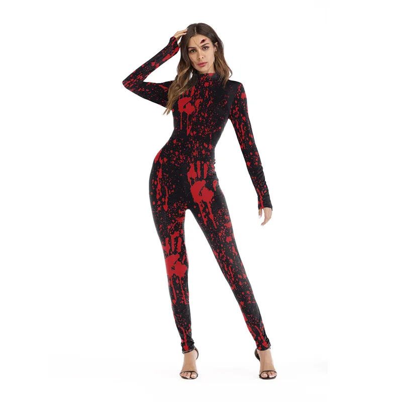 

Personality Clothing Latest Products Jumpsuit Cosplay Bodysuit Blood Handprint Printed Rompers Halloween Party Costume For Women