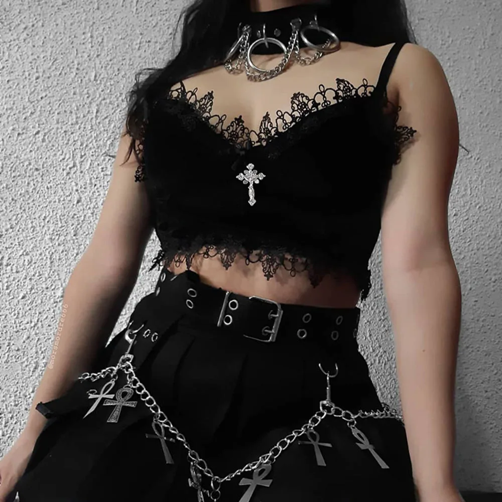 

Gothic Tank Top Spring Summer Fashion Hipster Sexy Designer Simple Thin Best Sellers Lace Velvet V-neck All-match