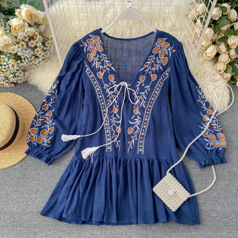 Новинка 2020 Винтажные льняные топы женская рубашка с пышными рукавами и v образным