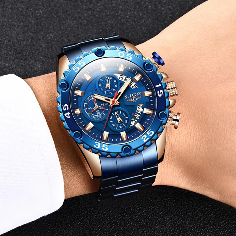 Reloj Hombre 2020 LIGE модные мужские часы Роскошные спортивные полностью стальные синие