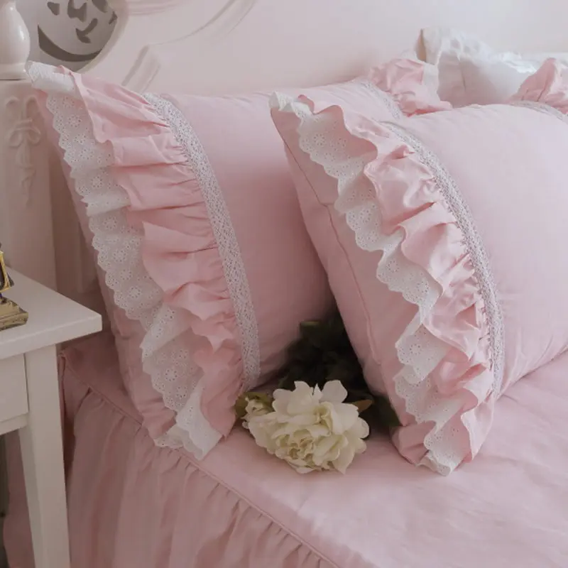 

2pcs pink Embroidered pillow case European princess pillowcase bedding ruffle pillow sham luxury pillow cover without filler