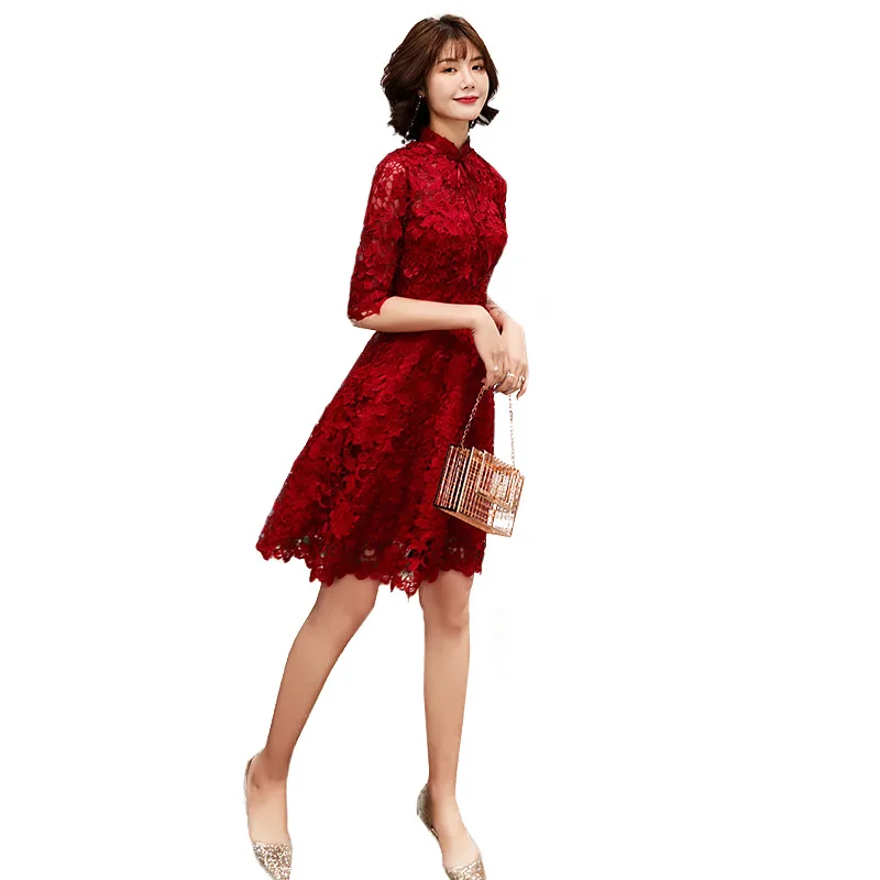 

Burgundy Female Lace Bridal Wedding Dresses Exquisite Bow Trim Temperament Banquet Gown Elegant Formal Party Dress XS-XXL