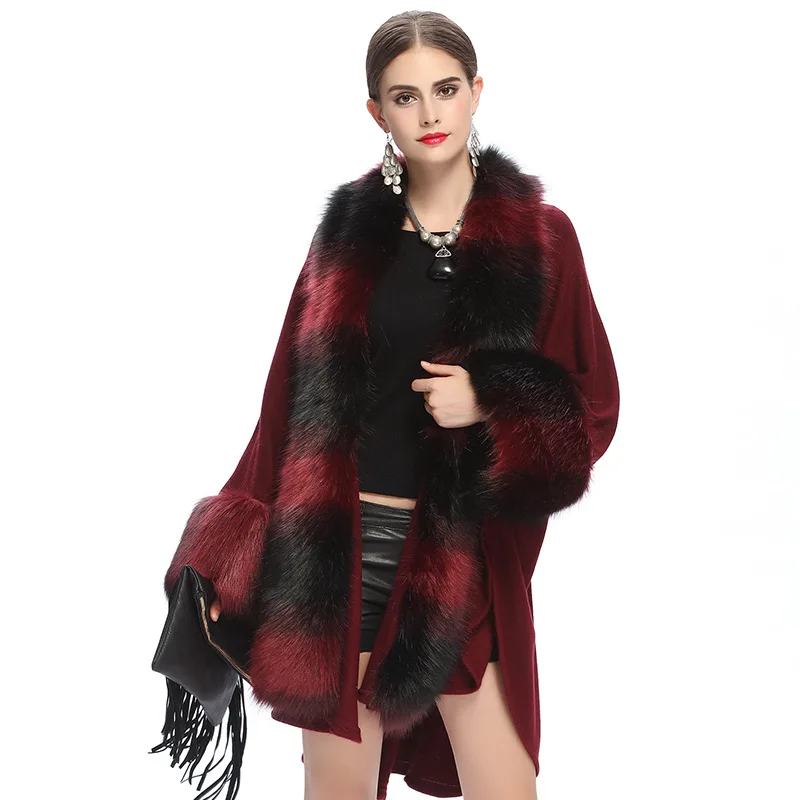 

2021 Winter Auburn Black Cloak Poncho Large Loose Two-Color Fox Imitation Wool Collar Knitted Cardigan Shawl Coat Cape Femme
