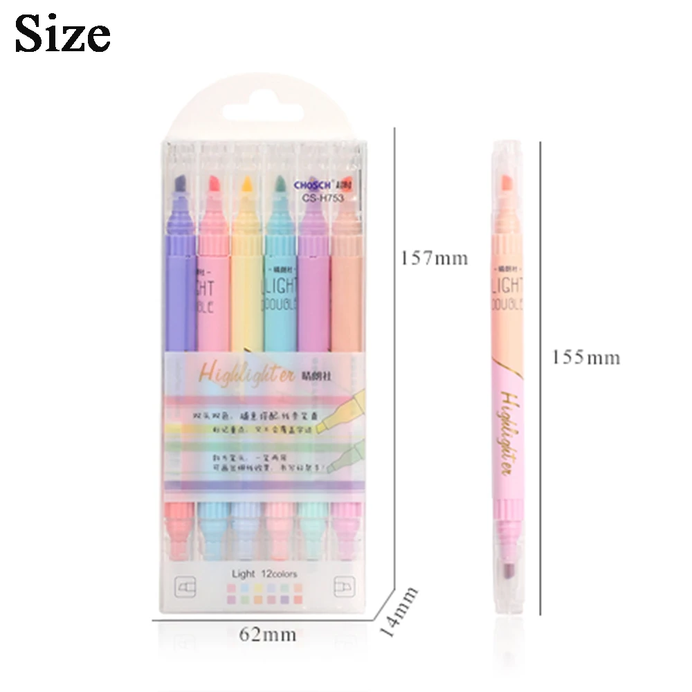 

6Pcs/set Double-headed 12color Highlighter Pen Candy Colors Students Writing mark Journal Pens School Supplies