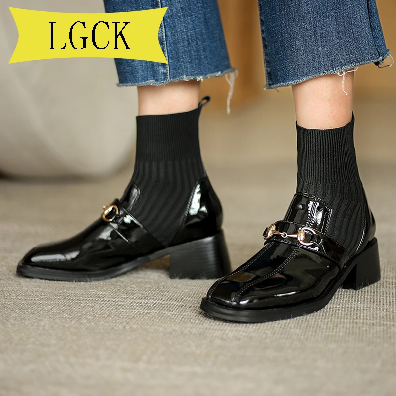 

Plus Size 34-42 Autumn Boots Women Shoes Fashion Square Toe Ankle Boots Genuine Leather Winter Elastic Boots Comfortable Boots