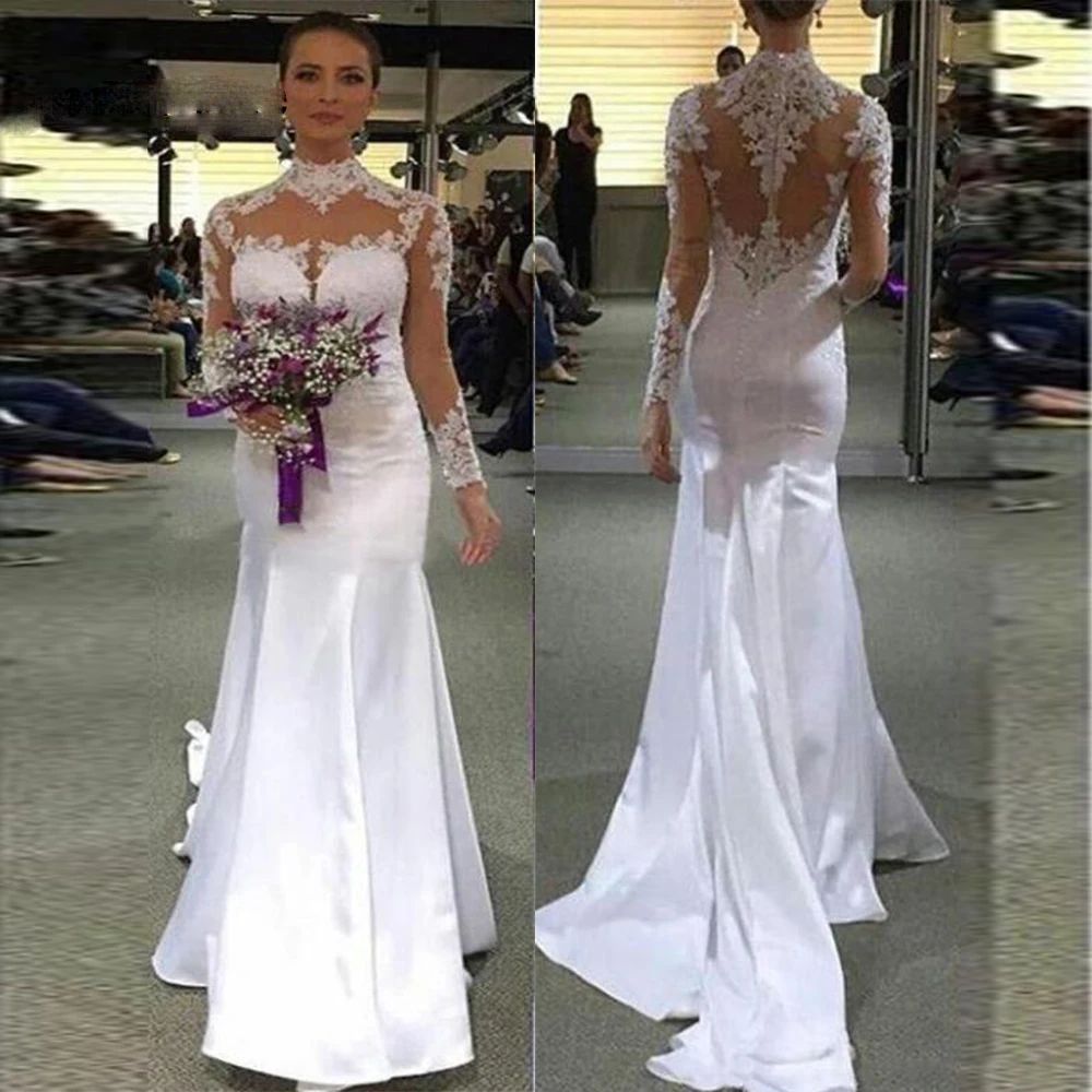 

Elegant Mermaid Illusion High Neck Wedding Dresses Lace Long Sleeves Appliques Satin Sweep Train Bridal Gowns