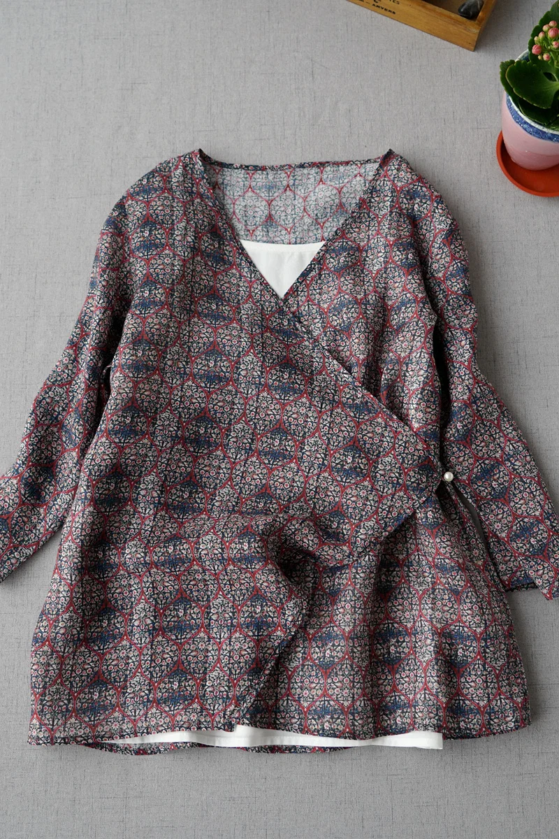 

Spring Summer Women Loose Chinese Style Buttons Print Comfortable Water Washed Thin See-through Ramie Tops Shirts/Blouses