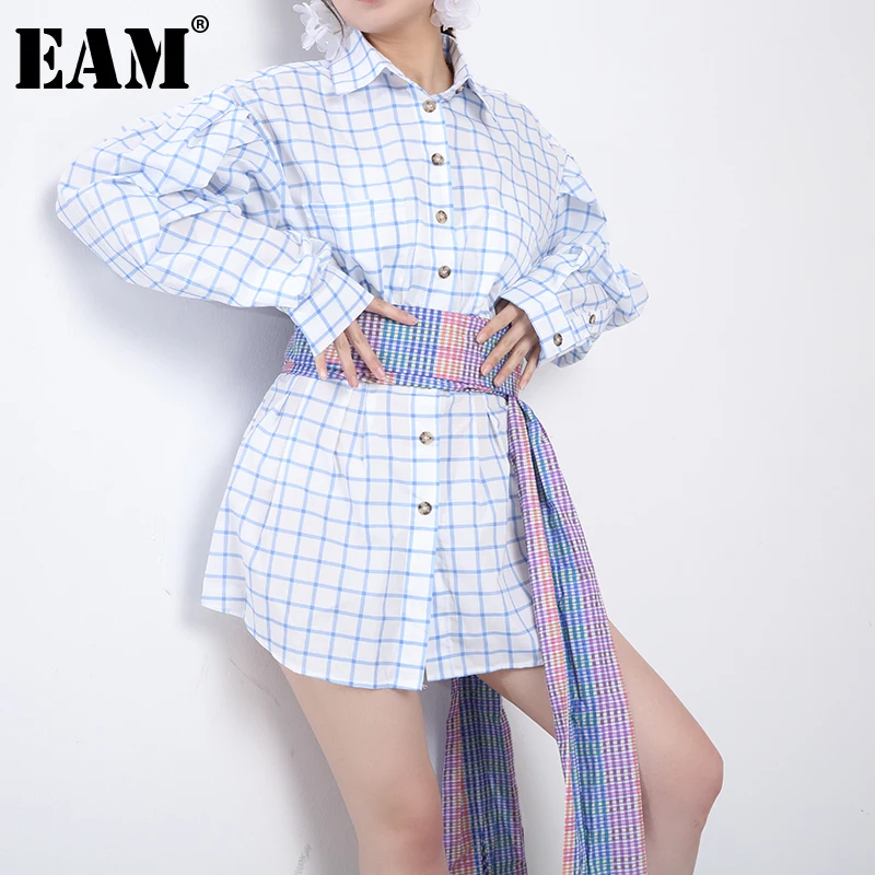 

[EAM] женская синяя длинная Асимметричная Блузка в клетку, новая свободная рубашка с отворотом и длинным рукавом, модная весенне-осенняя 2022 ...
