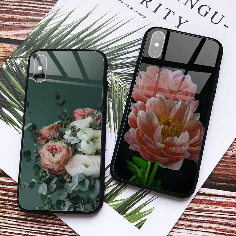 

Beautiful peony Elegant flower Phone Case Tempered glass For iphone 6 7 8 plus X XS XR 11 12 13 PRO MAX mini