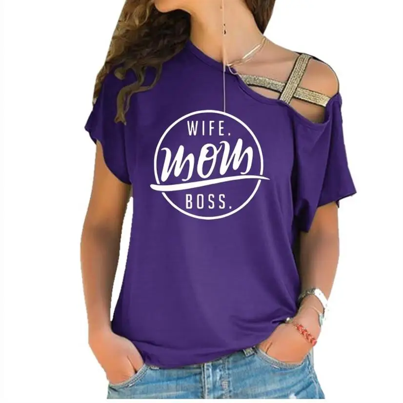 

New Arrival Wife Mom Boss Letters Print Cross Bandage T-Shirt For Women Top Tshirt T-Shirt Graphic Tees Women Cropped Cute Off