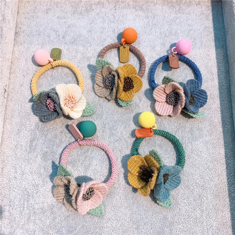 

New Women Girls Knitting Wool Two Flowers Simple Elastic Hair Bands Cute Rubber Band Scrunchie Headband Fashion Hair Accessories