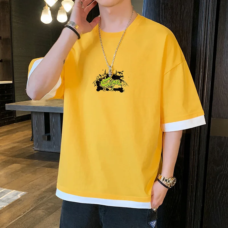 

Short Sleeve T-shirt Men's 2021 Loose Spring and Summer Fake Two-Piece Half Sleeve Ins Hong Kong Style Trendy Brand Popular