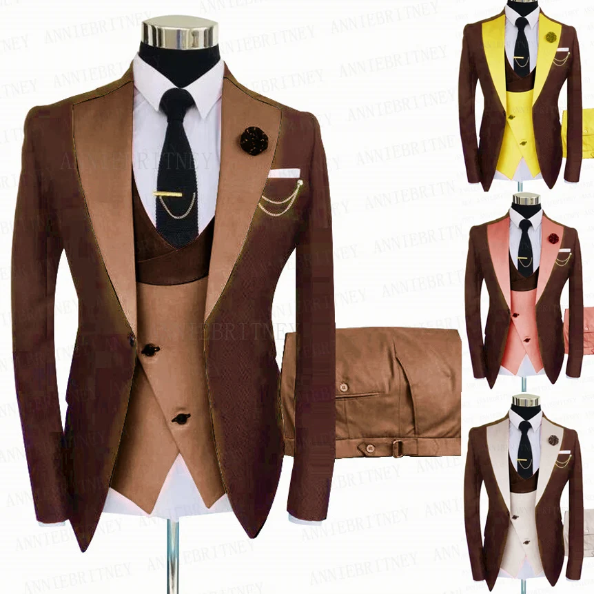 

New Formal Brown Men Business Suits 3 Pieces Custom Slim fit Groom Wedding Suit Dinner Dress Tuxedo Suit Jacket Vest with Pants