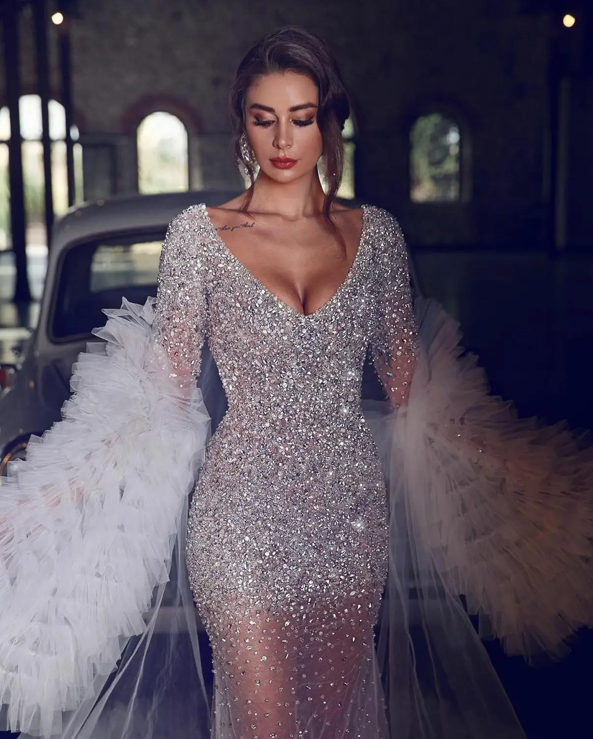 2020 Crystal Mermaid Wedding Dresses With Long Ruffle Wrap V  Neck Sexy Transparent Bridal Gowns Sequined vestido de novia