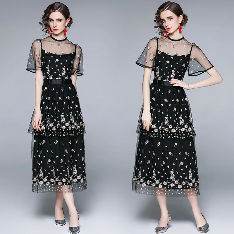 Женское Сетчатое платье с цветочной вышивкой модельное винтажное из тюля